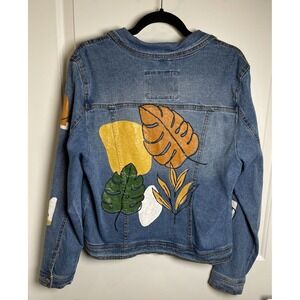 1 Sunset Lane Women's‎ XL Hand Painted Leaf Denim Jacket Boho Artsy Festival